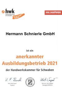 HWK Urkunde Ausbildungsbetrieb 2021