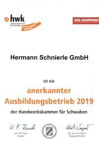 HWK Urkunde Ausbildungsbetrieb 2019