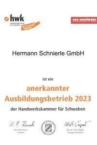 HWK Urkunde Ausbildungsbetrieb 2023