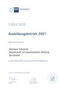 IHK Urkunde Ausbildungsbetrieb 2021