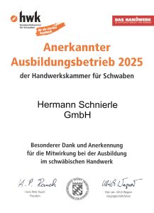 Zertifikat "Anerkannter Ausbildungsbetrieb 2025 der Handwerkskammer für Schwaben"